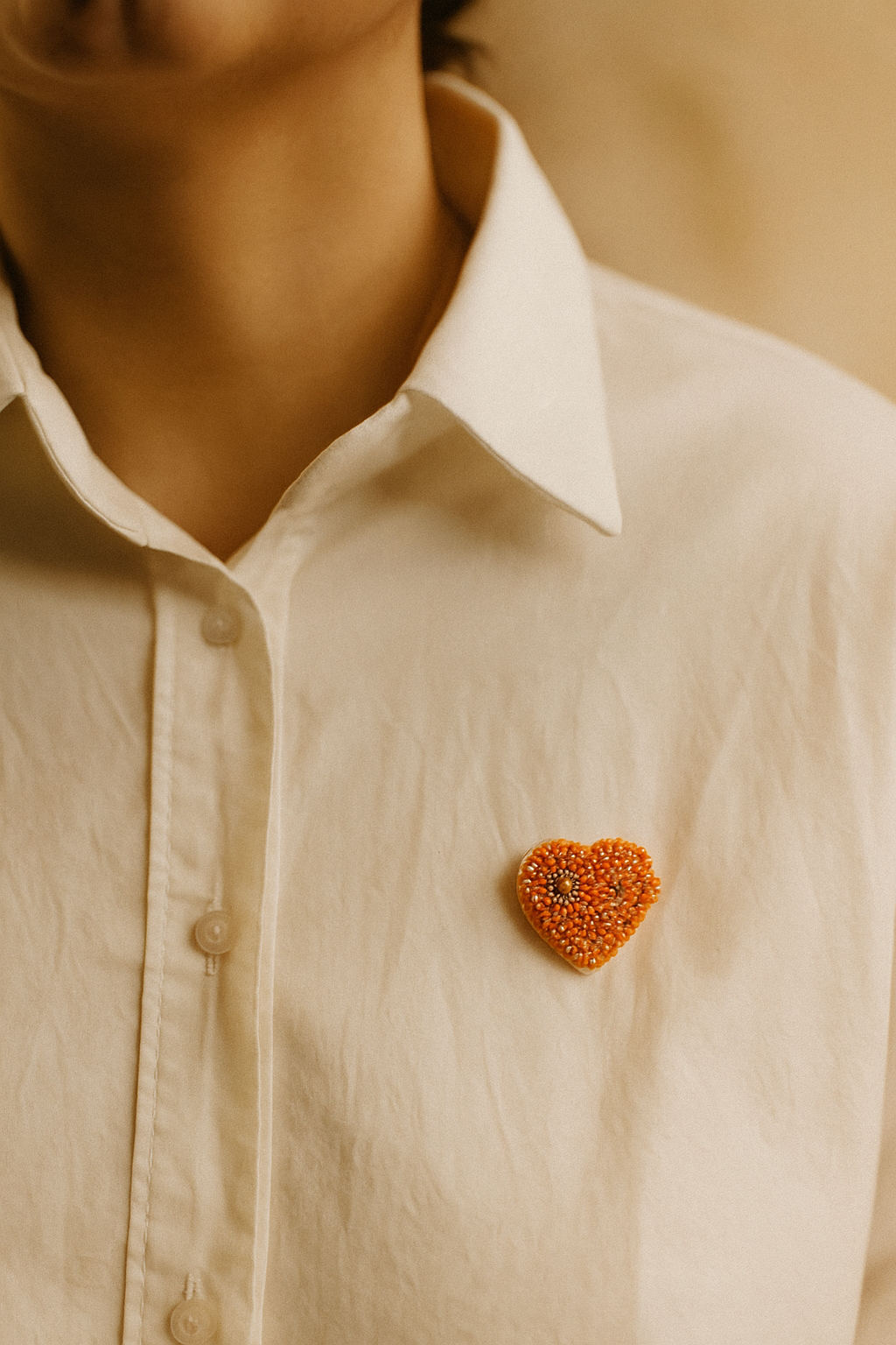 Hand-Embroidered Orange Heart Brooch