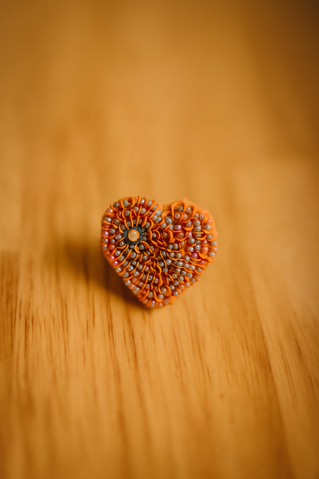 Hand-Embroidered Orange Heart Brooch