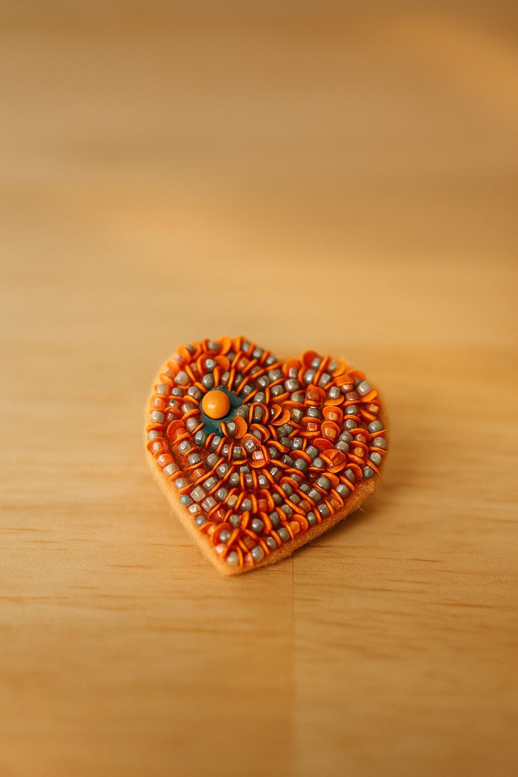 Hand-Embroidered Orange Heart Brooch