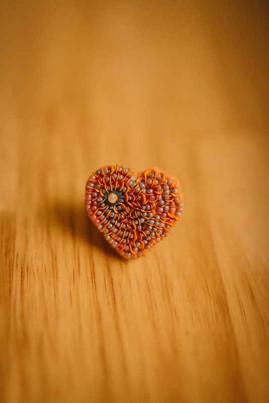 Hand-Embroidered Orange Heart Brooch