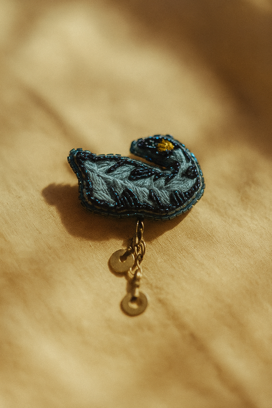 Hand-Embroidered Blue Swan Brooch